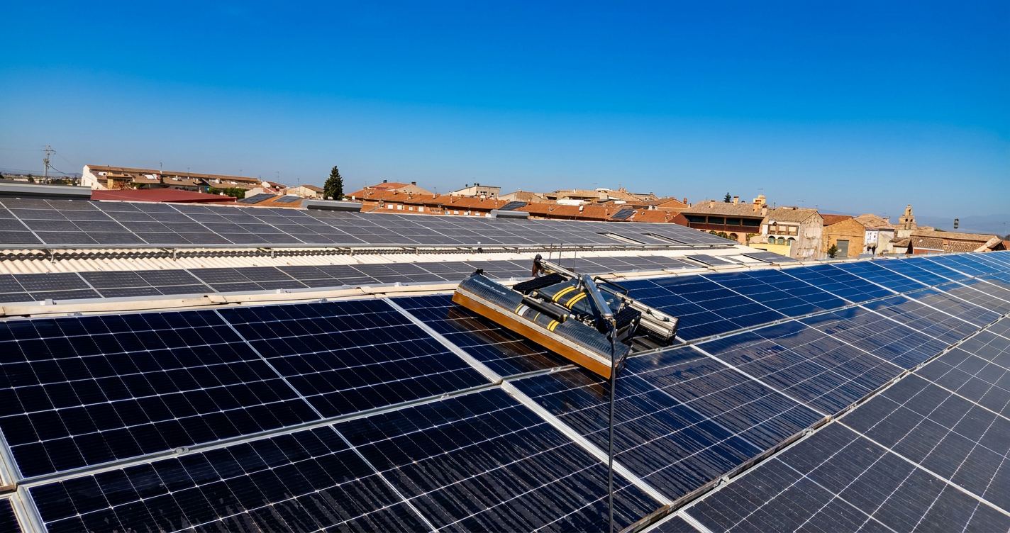 Robot SolarCleano limpiando una fila de paneles solares en una planta fotovoltaica