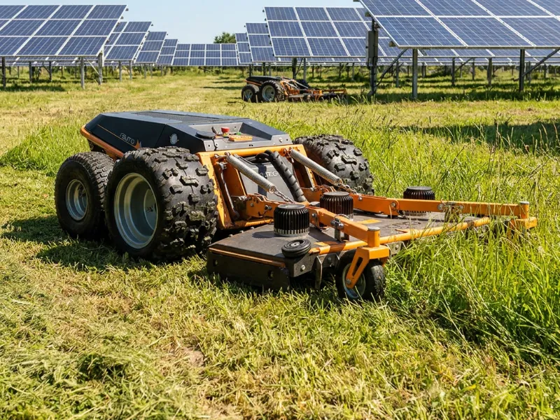 Desbrozadora robotizada radiocontrolada trabajando entre las mesas de una planta fotovoltaica