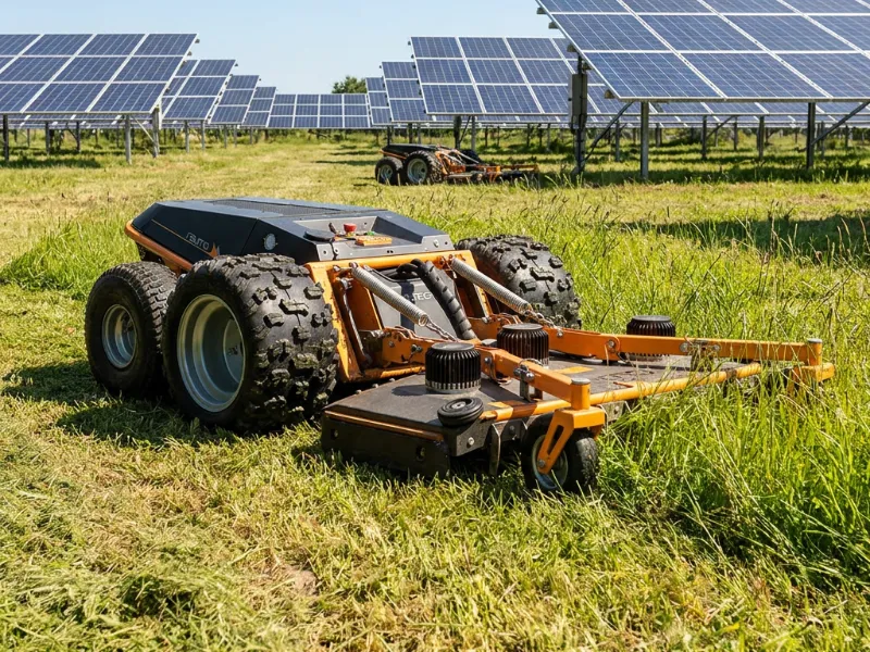 Desbrozadora radiocontrolada en una planta solar con mesas elevadas