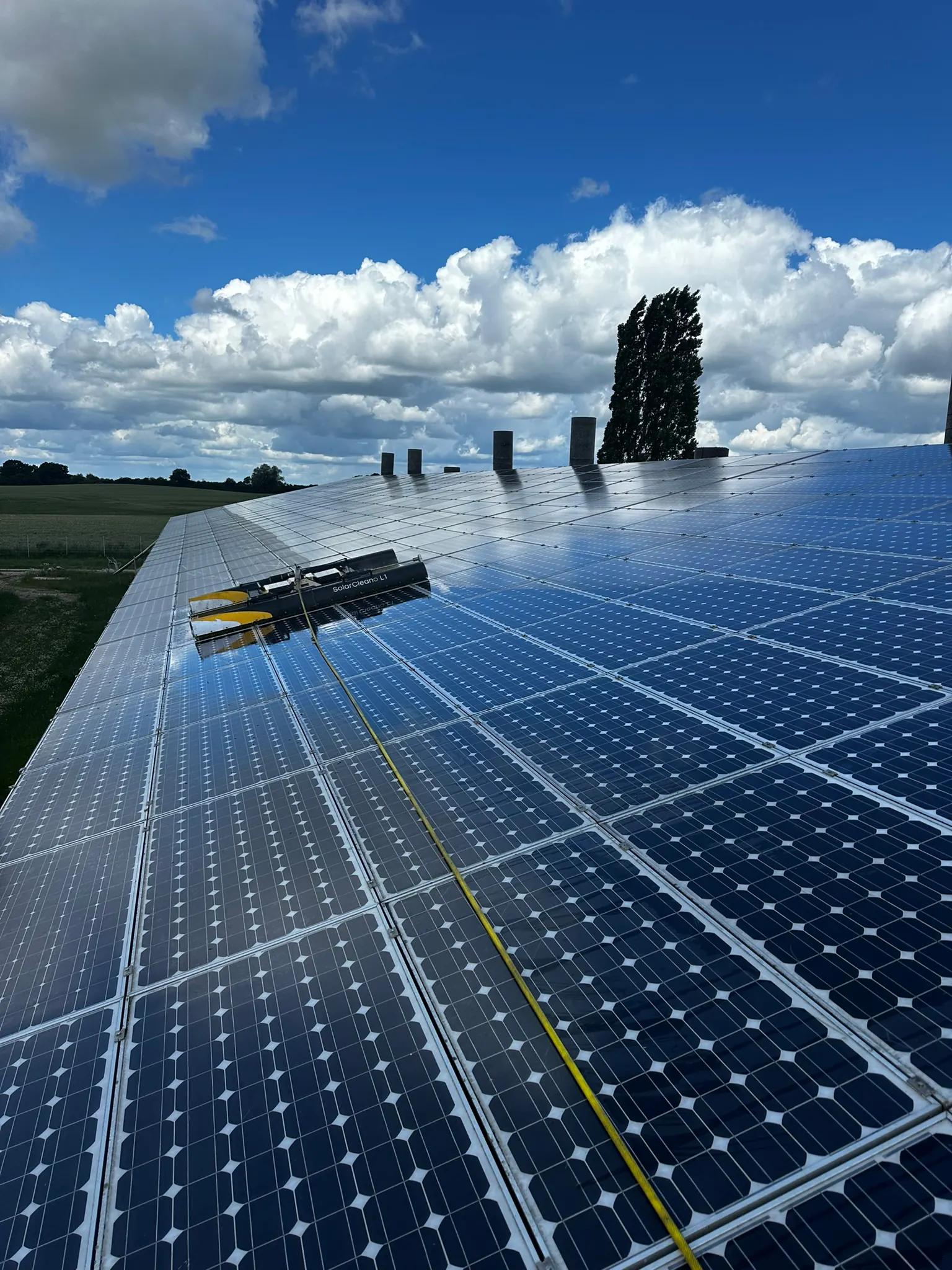 Vista de una planta fotovoltaica en campo durante el servicio de limpieza