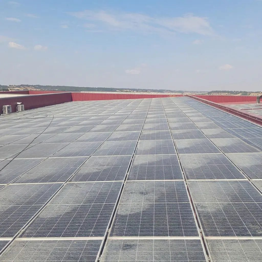 Cubierta industrial con paneles solares cubiertos de polvo antes de la limpieza