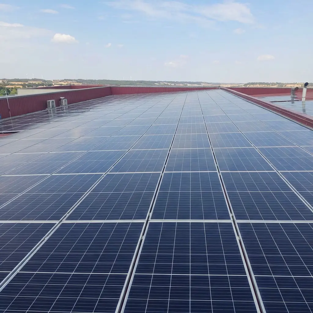 La misma cubierta industrial con los paneles solares limpios después de la limpieza con agua osmotizada